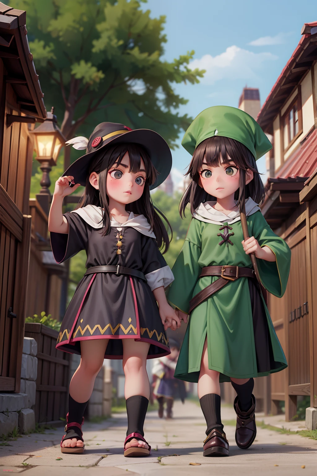 Megumin archimage and her daughter  Esmeralda archmage's apprentice (Have brunette color hair and dark green eyes, wearing sorcerer hats, medieval city, fight against enemy,