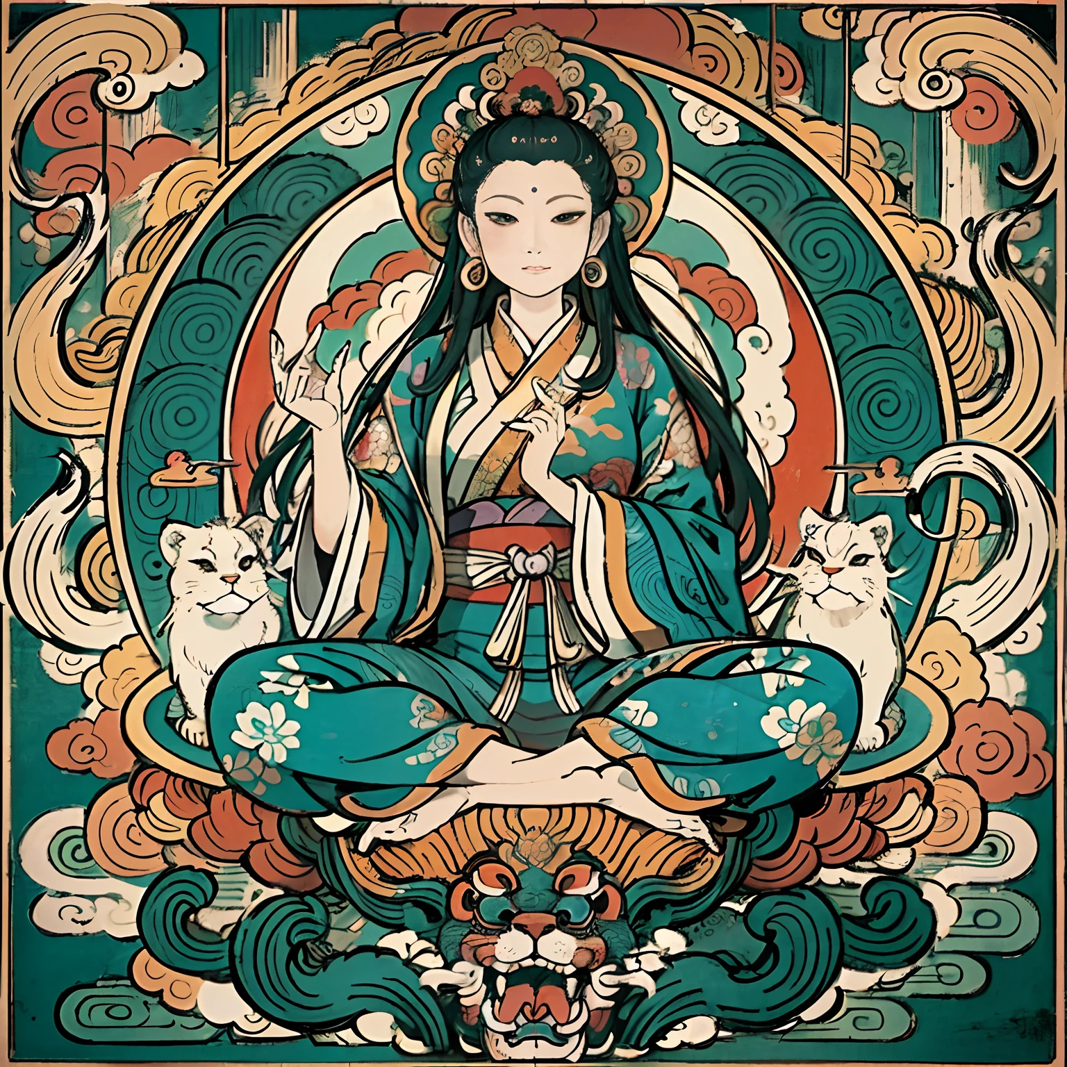 une ancienne déesse chinoise, guanyin des mers du sud, gagner, Inspiré par l&#39;Inde, Avalokiteshvara chevauche un lion，,expression sereine,shui mo hua,Bouddha,bouddhiste,lotus,Style de peinture chinoise,Style thangka