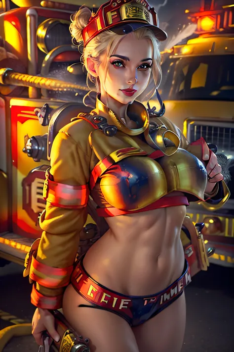masterpiece, best quality, (photorealistic:1.4), 1girl, full body shot, photo of a beautiful woman, (fireman uniform:1.6), (skinny, athletic:1.1), (bun, blonde hair:1.1), detailed face, smiling, red lipstick, big lips, (medium breasts, perfect breast:1.1),...