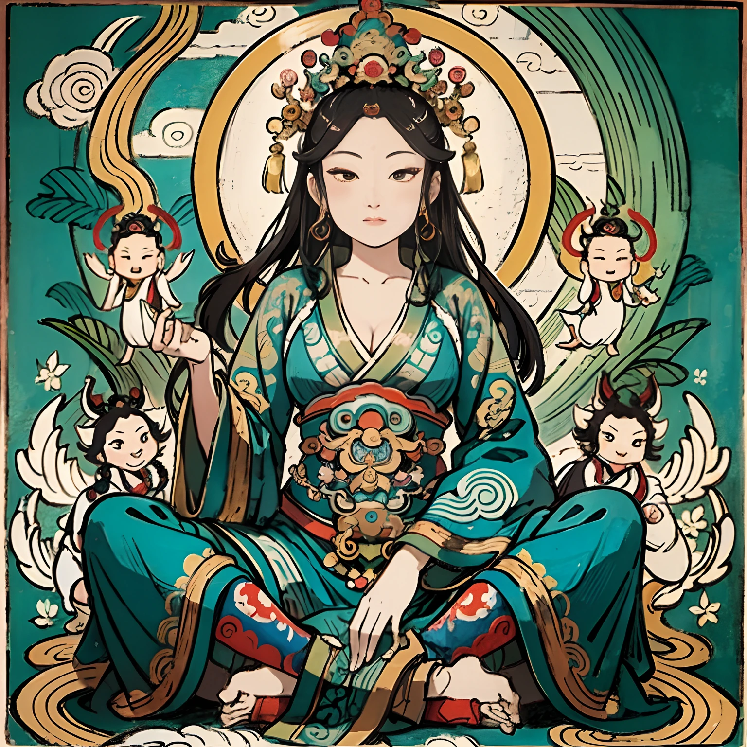 an ancient Chinese goddess, guanyin of the southern seas, Guanyin, Inspired by India, Avalokiteshvara rides a phoenix，,Serene expression,shui mo hua,Buddha,Buddhist,Lotus,Chinese painting style,Thangka style