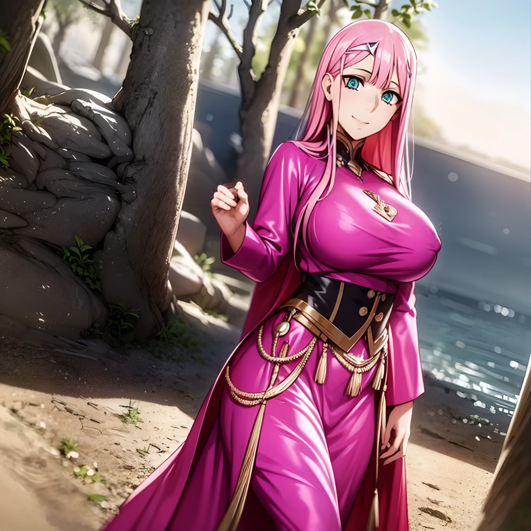 masterpiece, best quality, 1girl, looking at viewer, cute, beach, sunlight, ocean, medium breasts, thighhighs, black thighhighs, green eyes, zero two \(darling in the franxx\), pink hair, beautiful detailed eyes, beautiful detailed glow, lots of glow, arms behind head, embarrassed,, long dress, walking, long skirt, modest, victorian clothing, lodress, pants, smile, big breast, long skirt, skirt, pants, flipflops waiting to start