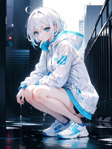1 female body，Squat，Fit your body,  white short messy hair, Sky blue eyes, White coat with blue pattern，Short white dress，ssmile，athletic sneakers ,rained，Wet ground，Rain on the body，sharp-focus，A high resolution, ultrasharp, 8K, Masterpiece,