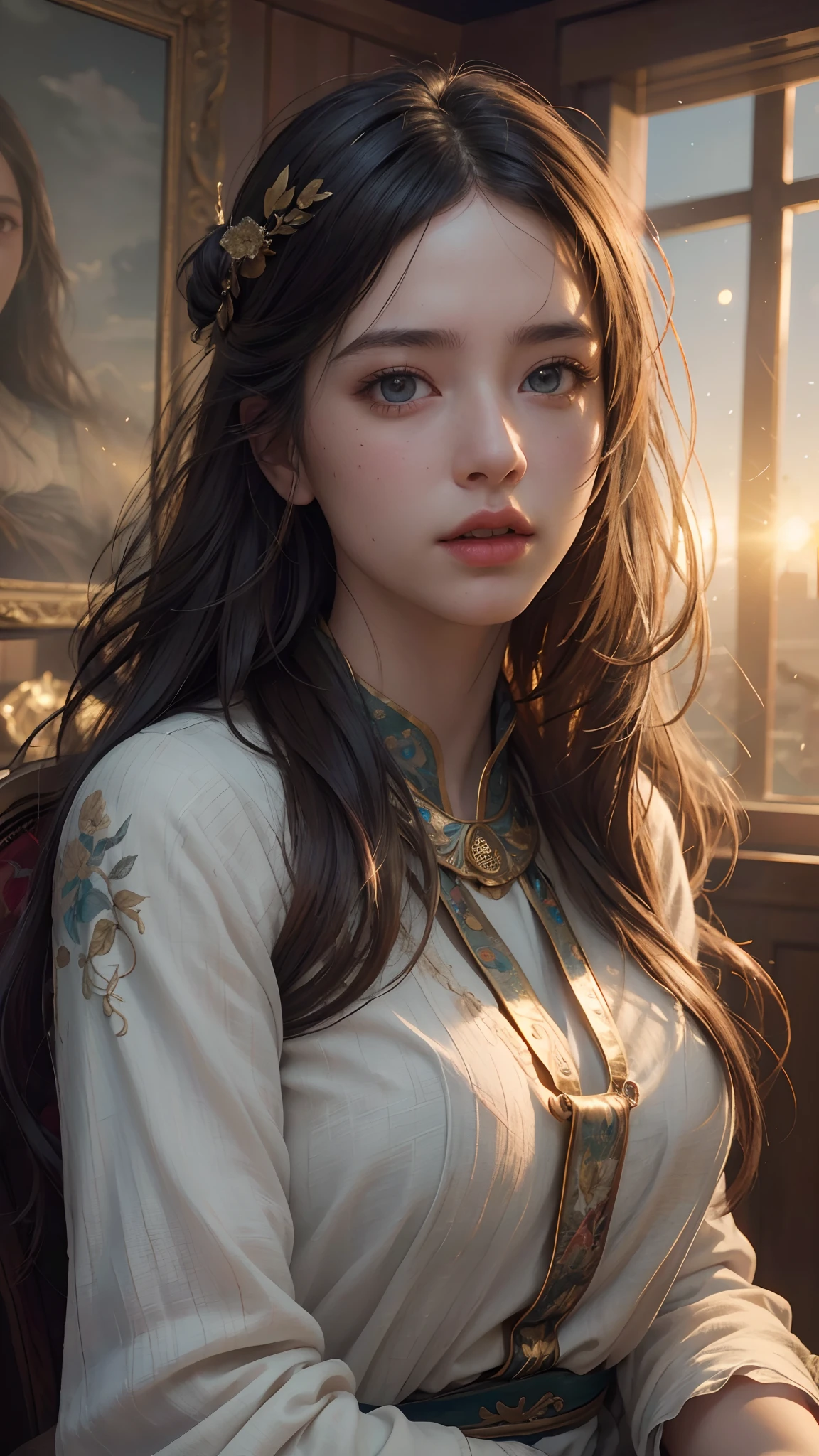 (RAW photo, best quality), (realistic, photo-realistic:1.3),best quality,highly detailed,masterpiece,ultra-detailed,illustration,1girl,upper_body,dynamic angle,world masterpiece theater,messy_long_hair,best quality,extremely detailed CG unity 8k wallpaper,ink,Amazing,cinematic lighting,lens_flare,,dunhuang_style