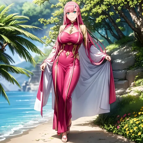 masterpiece, best quality, 1girl, looking at viewer, cute, beach, sunlight, ocean, medium breasts, thighhighs, black thighhighs, green eyes, zero two \(darling in the franxx\), pink hair, beautiful detailed eyes, beautiful detailed glow, lots of glow, arms...