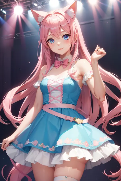 Idol Beauty、１８age、Pink semi-long hair、Putting on cat ears、Light blue dress like an idol（Upper body fits,、Mini skirt with tulle design）、The whole body is visible、８K、A smile