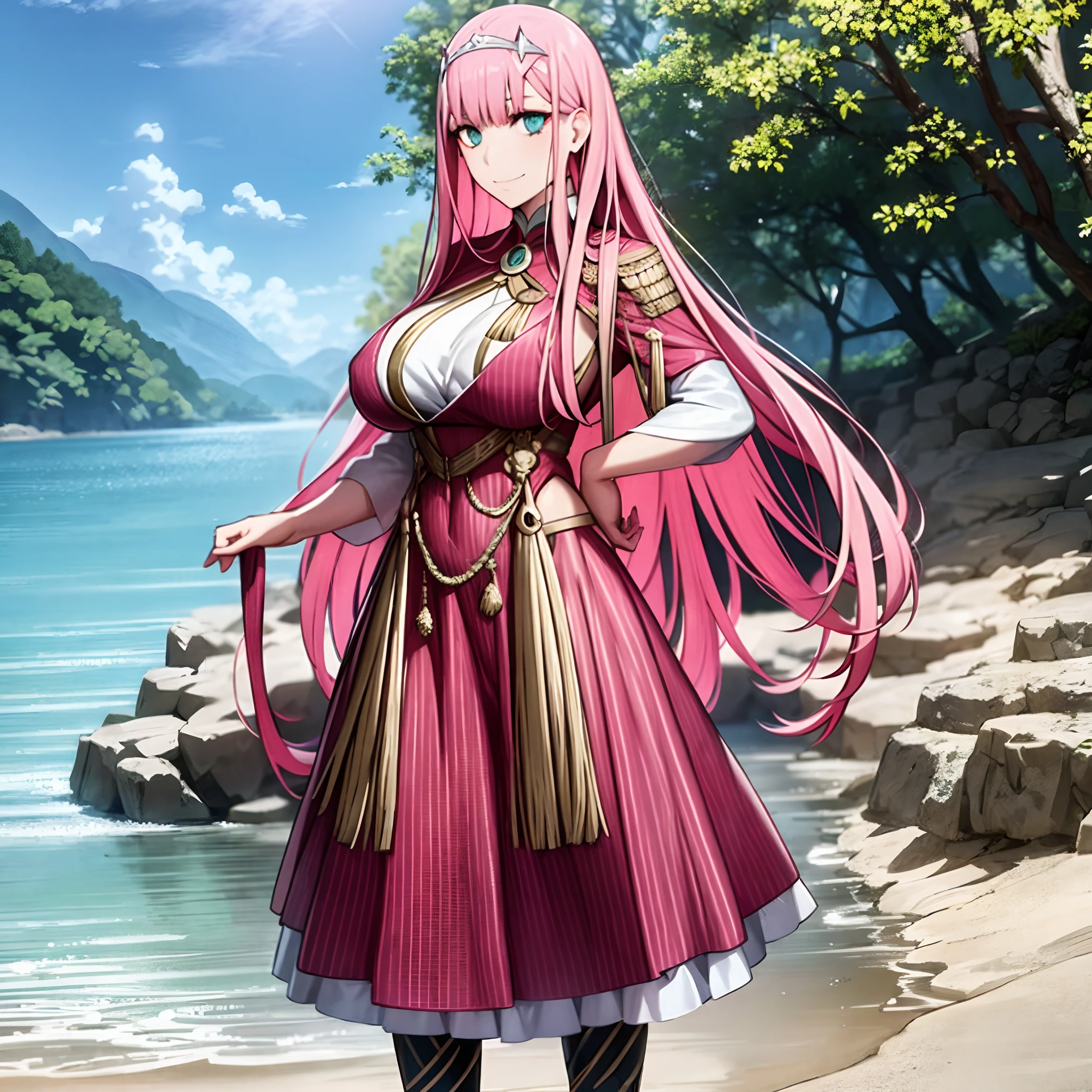 masterpiece, best quality, 1girl, looking at viewer, cute, beach, sunlight, ocean, medium breasts, thighhighs, black thighhighs, green eyes, zero two \(darling in the franxx\), pink hair, beautiful detailed eyes, beautiful detailed glow, lots of glow, arms behind head, embarrassed,, long dress, walking, long skirt, modest, victorian clothing, lodress, pants, smile, big breast, long skirt, skirt, pants, flipflops, priestess