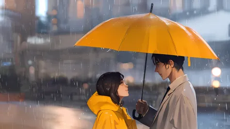 There is a man and a woman under an umbrella in the rain, cena de destaque do filme, Chovendo, ainda de um filme live action, ce...