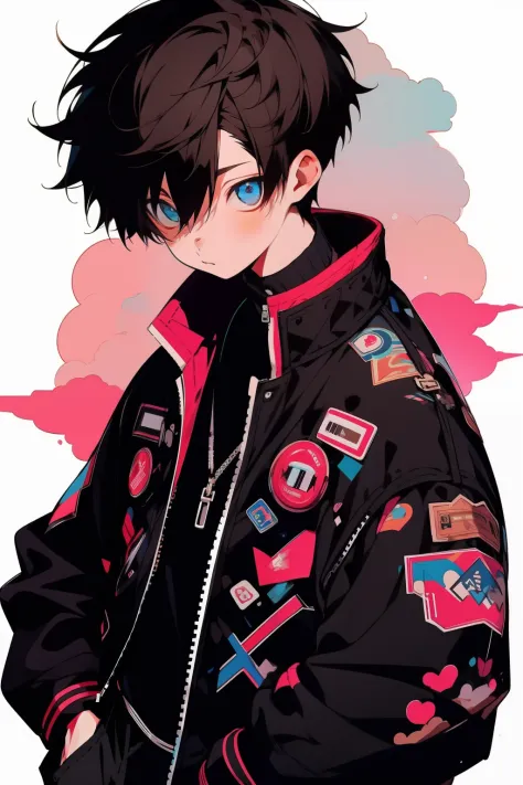 anime, boy, Brown hair, short hair, blue eyes, stylish jacket, black pants