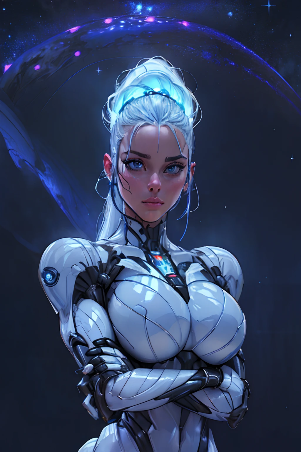 RAW, 1girl, colorful, ((white matte armor, blue lights )), (masterpiece, best quality), (wired hair:1.5) (detailed skin:1.3, detailed face:1.3), dslr, realistic, (((seductive pose, detailed galaxy landscape))), delicate, soft colors, cinematic lighting