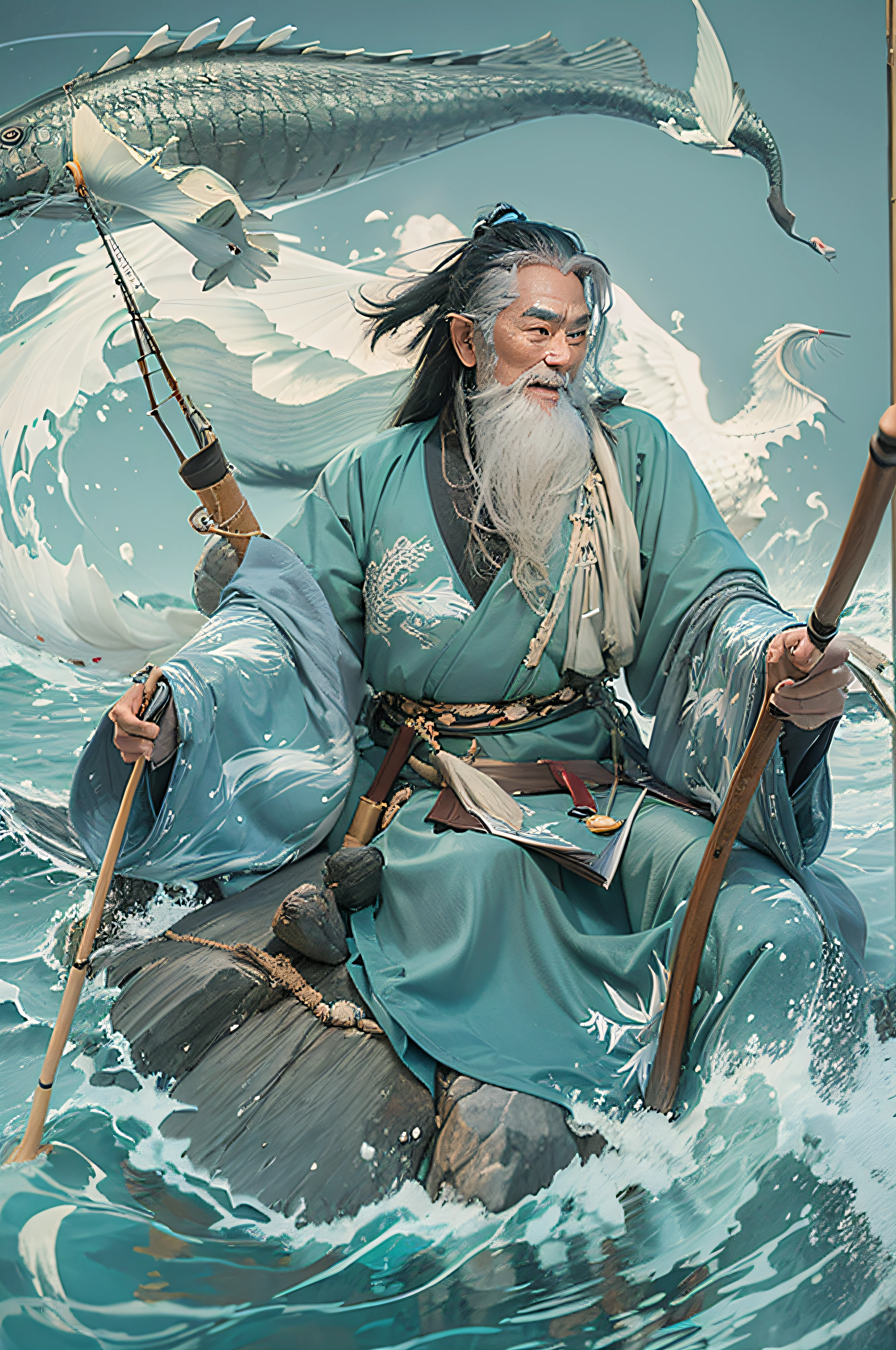 A middle aged asian man with black hair and a long beard wearing a sea blue kimono fishing with a bamboo fishing rod trying to capture silver ghost fish that are flying through the air, the old man is sitting boredly atop the shell of a japanese sea turtle big enough to carry him. Though laughing happily. (Sea God)(Dragon of the Sea)(Ryūjin)(PhotoRealisim),(Lifelike)