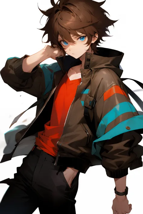 anime, boy, brown hair, short hair, blue eyes, stylish jacket, black pants, messy hair, the picture is from the waist up