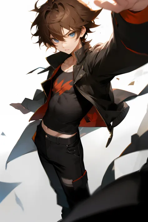 anime, boy, Brown hair, short hair, blue eyes, stylish jacket, black pants, Messy hair, the picture is from the waist up