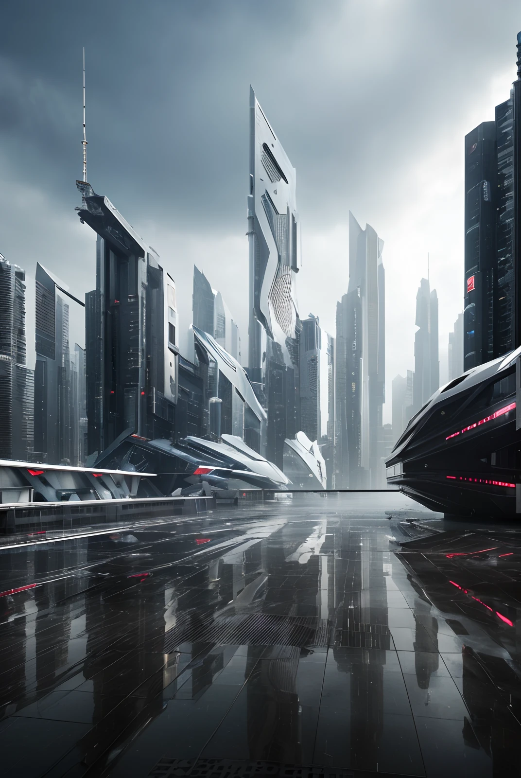 ((masterpiece, best quality)), 8k, modern architecture style, photo realistic, hyper detailed photo, clean sky, ruined city, cyberpunk,rain