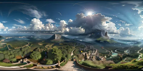 an equirectangular panorama 360, Style ModelShoot, (Highly detailed 8k CG unit wallpaper), ciel avec nuages et rayonnement du soleil, De vrais nuages incroyables, Tendances dans ArtStation, pixiv, hyper-detailed Unreal Engine 4k 8k ultra HD, J.r. Tolkien, ...