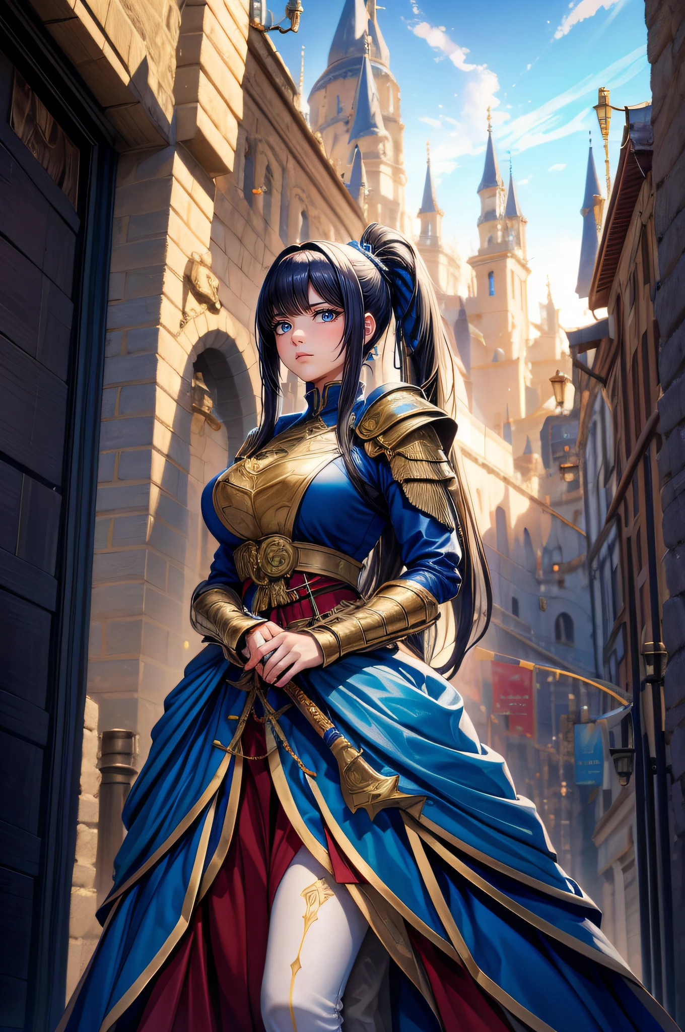 1mujer con cuerpo atletico vestida con una armadura escotada con capa y detalles dorados, carga una gran  fantasysword sword en su cadera, mirada altiva, long ponytail, side bangs, medieval-city, from below