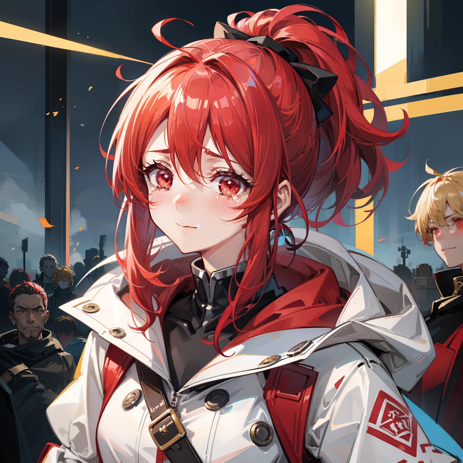 Anime characters in a city with a red hair and a white jacket（diluc  (genshin impact)) - SeaArt AI