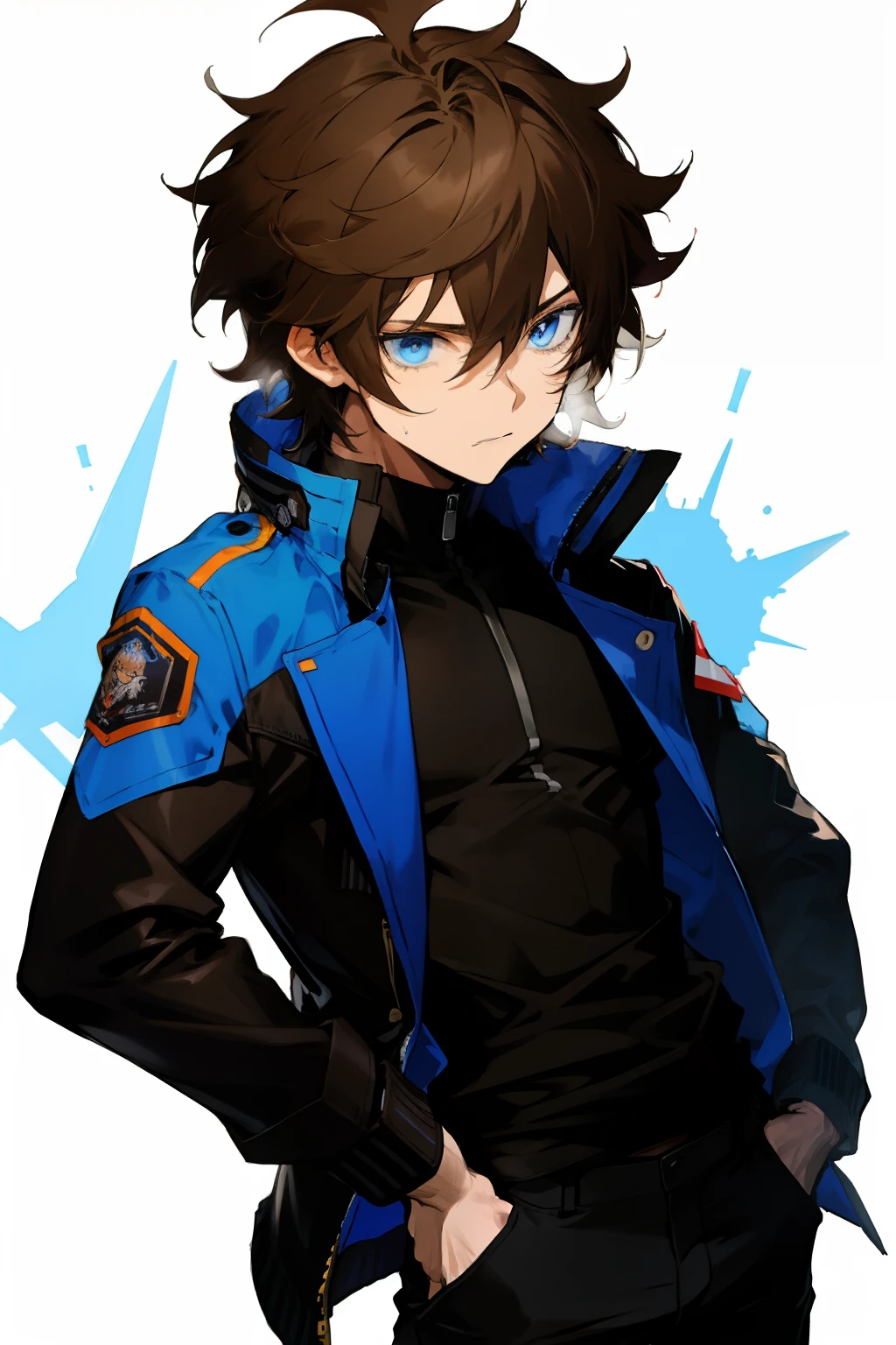 anime, boy, Brown hair, short hair, blue eyes, stylish jacket, black pants, Messy hair,