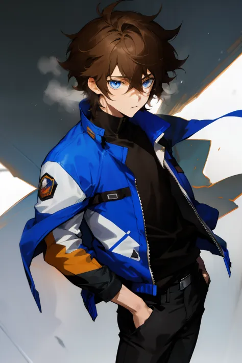 anime, boy, brown hair, short hair, blue eyes, stylish jacket, black pants, messy hair,