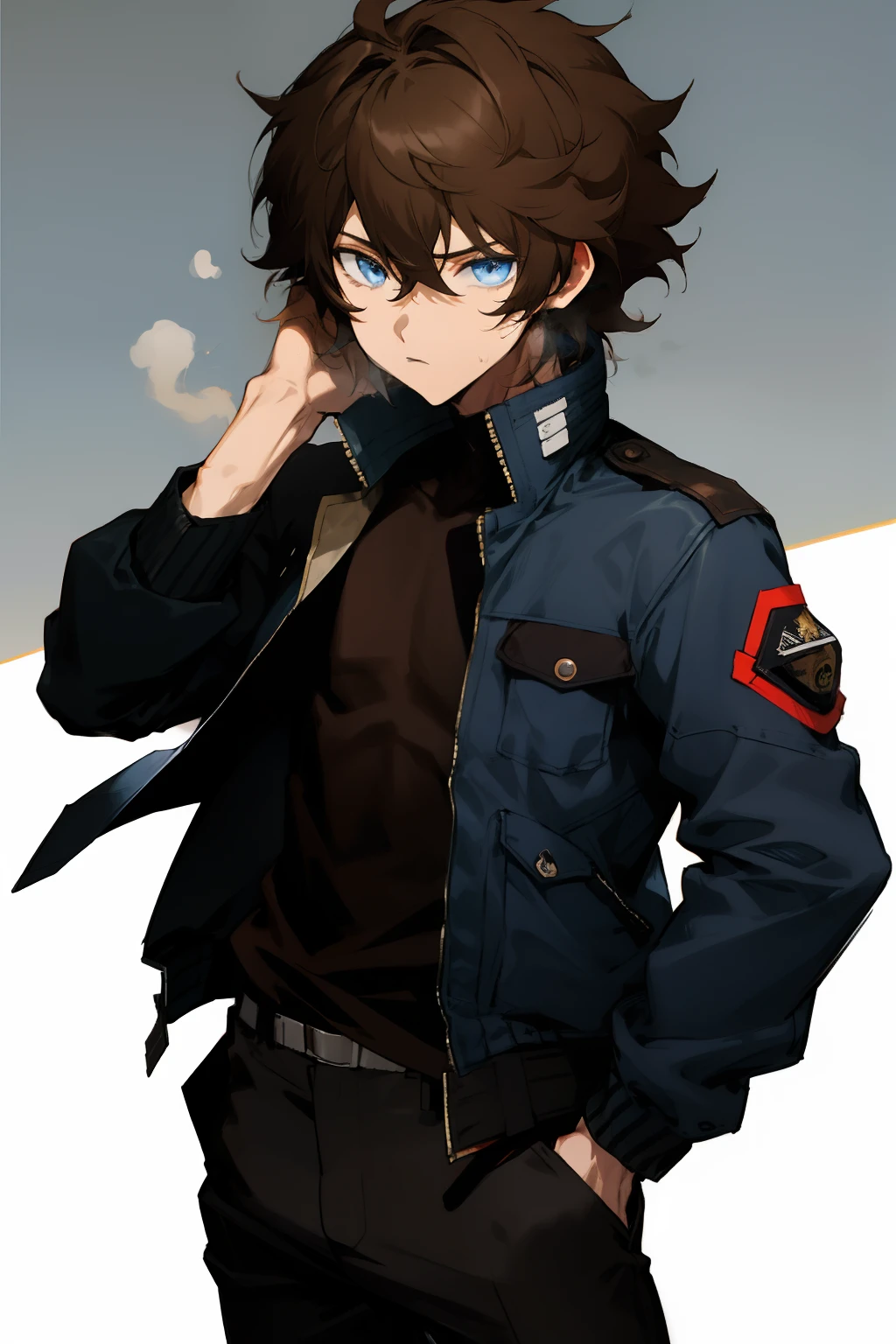 anime, boy, Brown hair, short hair, blue eyes, stylish jacket, black pants, Messy hair,