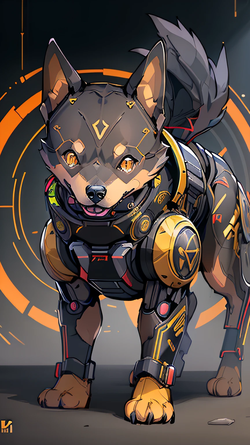 (master part:1.2), (best quality:1.2), (ultra highres:1.2) ,(8K resolution:1.2),
cyberpunk, mechanical pinscher, black pinscher, yellow  eyes, mic, fluffly, dog action, tipis, fully body, black and yellow color,
cyberdog,