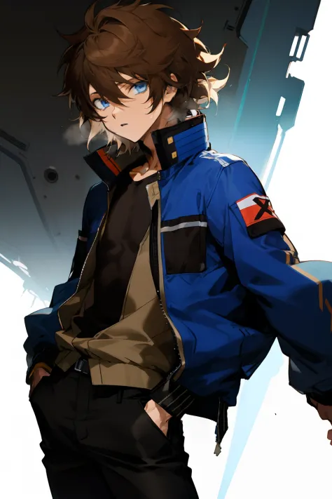 anime, boy, Brown hair, short hair, blue eyes, stylish jacket, black pants, Messy hair,