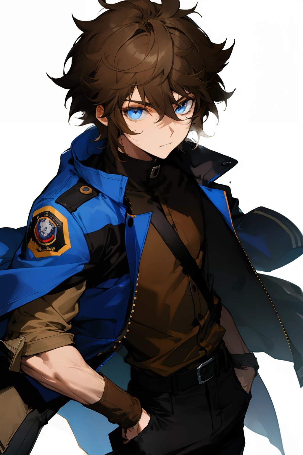 anime, boy, Brown hair, short hair, blue eyes, stylish jacket, black pants, Messy hair,