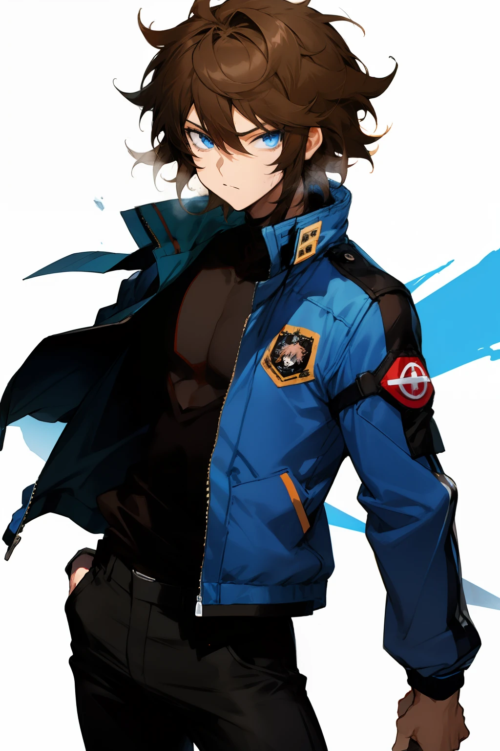 anime, boy, Brown hair, short hair, blue eyes, stylish jacket, black pants, Messy hair,