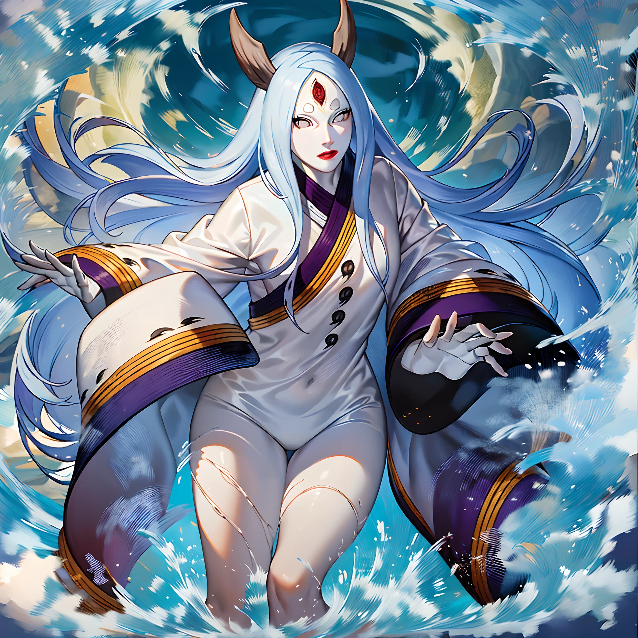 masterpiece,best quality,highly detailed,ultra-detailed,an extremely delicate and beautiful,masterpiece,1girl, solo,kaguya,mature female, long hair, absurdly long hair, third eye,horns, pale skin,white short eyebrows, otsutsuki kimono, floating hair, looking at viewer,t, walking, flipflops, full body