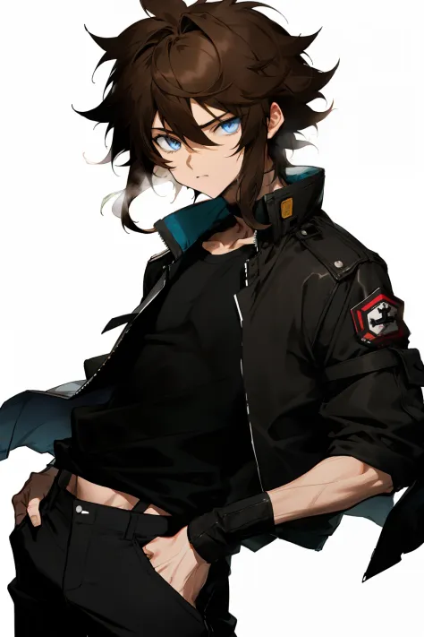 anime, boy, brown hair, short hair, blue eyes, stylish jacket, black pants, messy hair, baggy black shirt