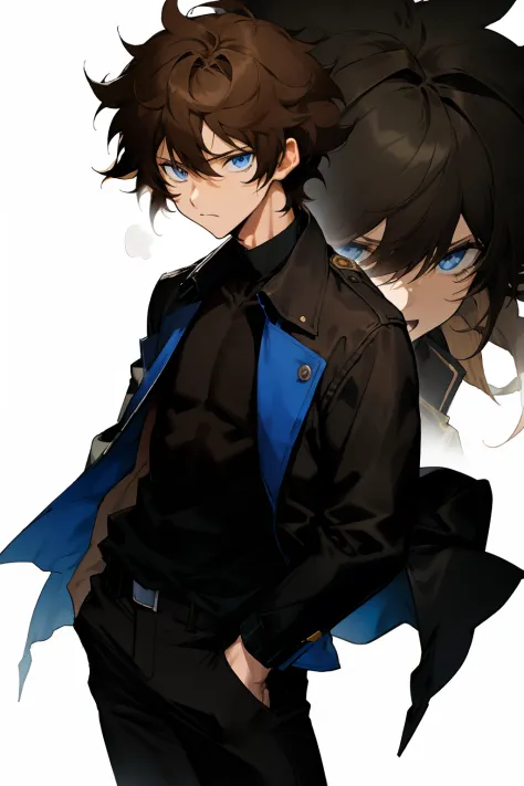 anime, boy, Brown hair, short hair, blue eyes, stylish jacket, black pants, Messy hair, baggy black shirt