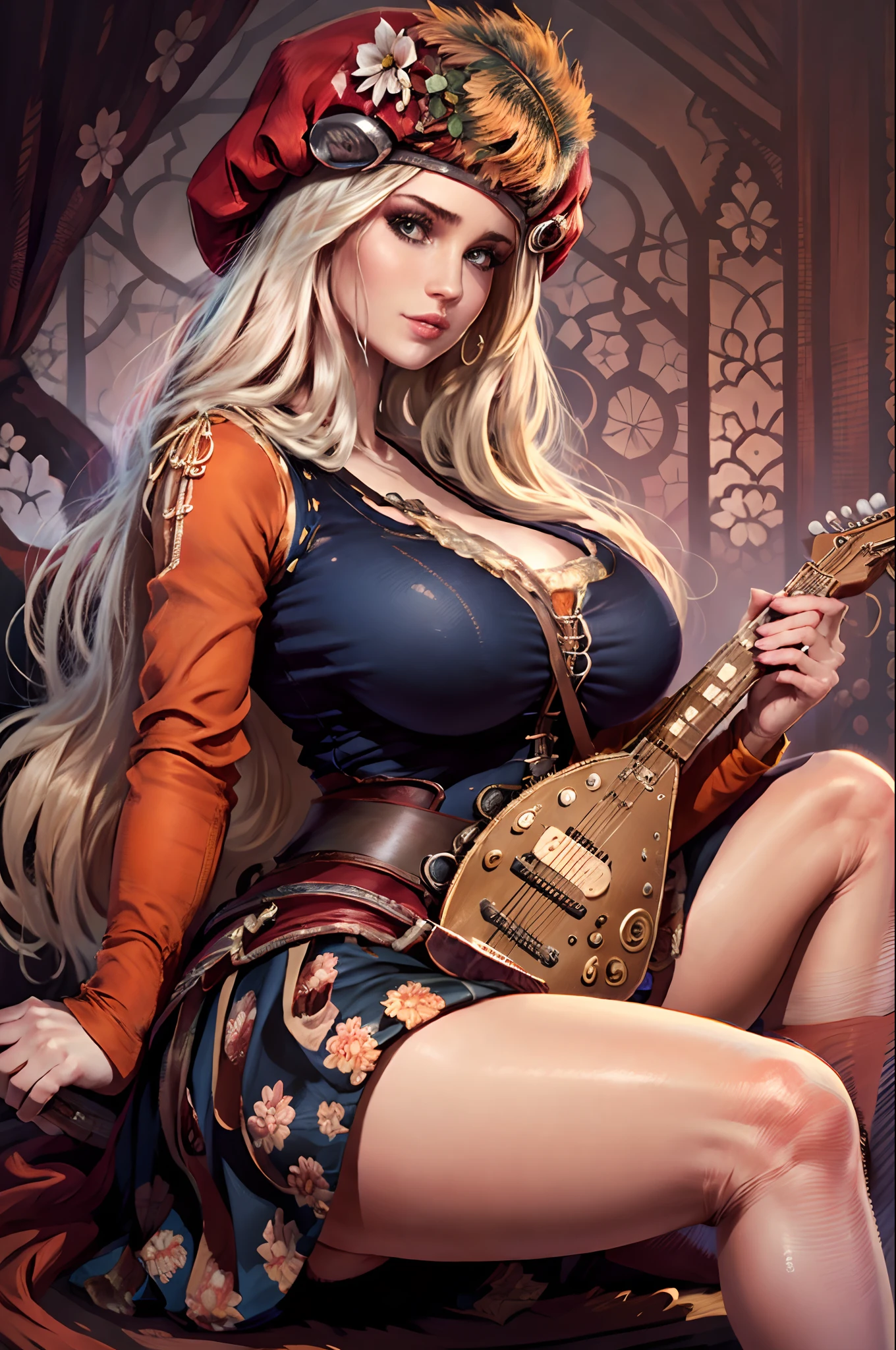 (masterpiece, top quality, best quality, official art, detailed:1.2), priscillaW3, 1girl, solo, long hair, red skirt, blonde hair, long sleeves, red hat, (holding her guitar between her huge breasts:1.4), looking at viewer, instrument, realistic, music, on her knees, flexing, (pussy:1.4) beautiful white stockings with floral pattern and garter belts, plumb ass, showing perky ass cheeks, thick thighs, thin waist