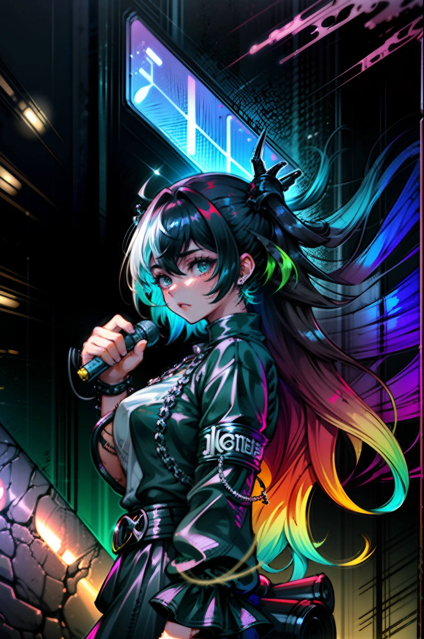 1boy, demi, gorgeous, A heavy metal singer performing on stage live, by popo liang and hikari shimoda, dressed in black and gray, multicolored hair, gradient hair, spiky hairstyle, lots of belts and spikes on outfit, grunge punk fashion, anger, music, holding a guitar in front of a stand mic, neon lighting, vibrant colors, gritty details, dynamic action, electrifying energy, dynamic composition, characters with wild hair, trending on artstation, surrealistic elements.