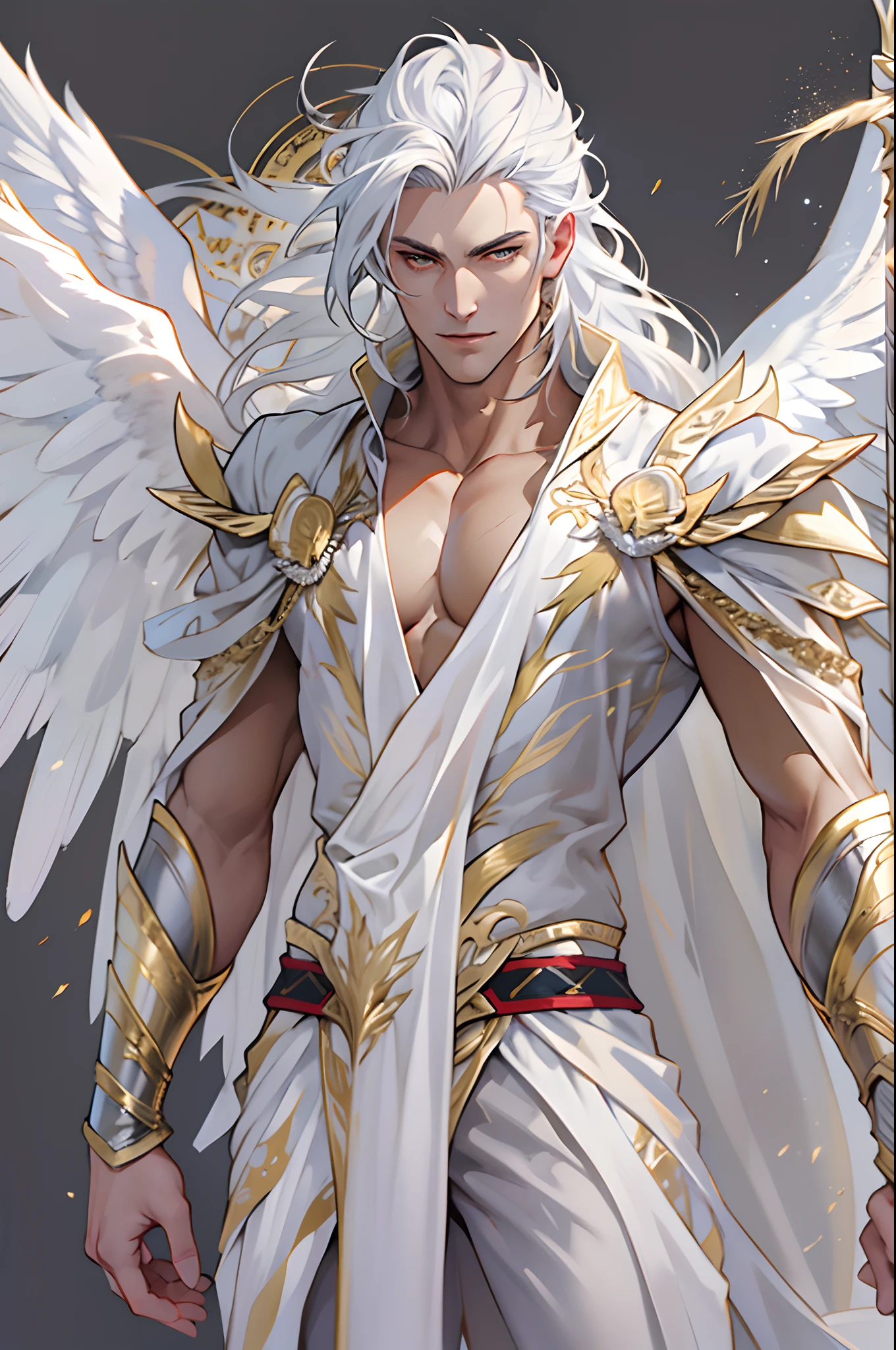 Caius is a handsome male, stands at 7ft tall. He has an athletic body structure. He wears royal attire thats silver and gold. He has beautiful long white silky hair and a golden eye color. He is seen with a staff. He has huge white wings. A big bulge in his pants. White Phoenix human form. His hair is braided back