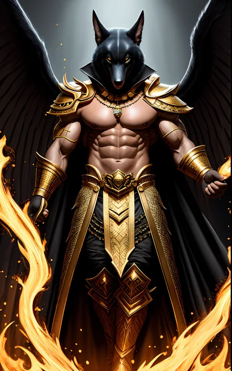 (high quality), photorealistic, (oil painting) jewelry, (solo), (dynamic pose), towards right, ((hell gate)), fire, hell landscape, (the underworld), (dark landscape), anubis, egyptian jackal headed god, anthro, muscular, (holding golden scales), dynamic p...