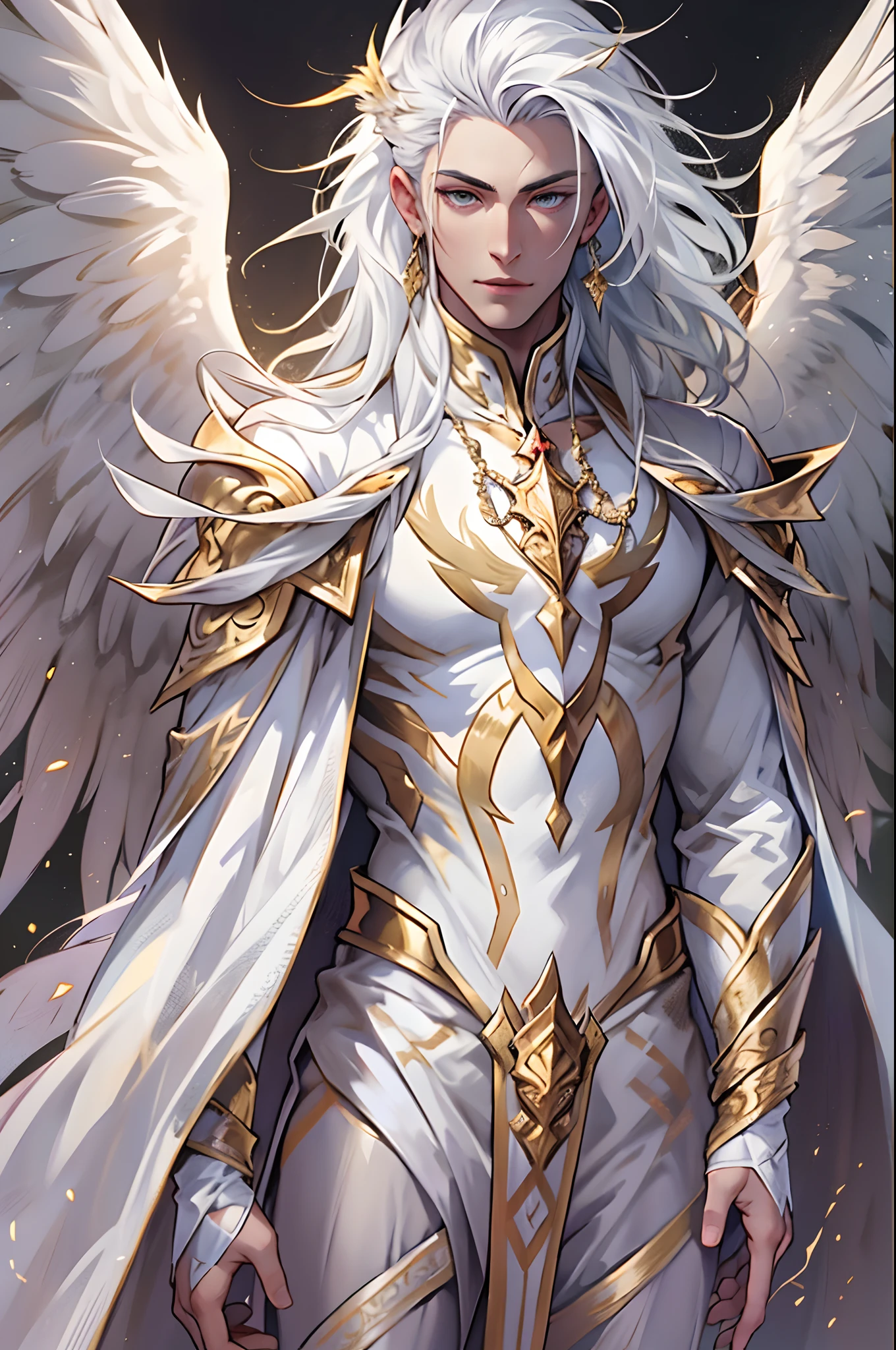 Caius 是一个英俊的男性, 身高7英尺. 他拥有运动员般的体格. 他穿着银色和金色的皇室服装. 他有一头美丽的长长的白色丝质头发和金色的眼睛. 他手持一根棍子. 他有巨大的白色翅膀. 裤子鼓了一大块. 白凤人形. 他的头发编在脑后