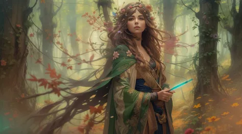 Mulher elfa, roupas verdes, with magic stick, full body standing on a forest, Riacho, Fundo da floresta muito iluminado com muit...