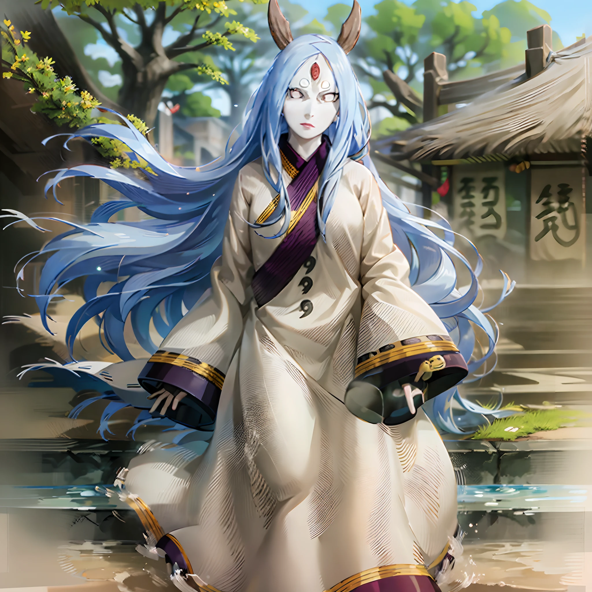 masterpiece,best quality,highly detailed,ultra-detailed,an extremely delicate and beautiful,masterpiece,1girl, solo,kaguya,mature female, long hair, absurdly long hair, third eye,horns, pale skin,white short eyebrows, otsutsuki kimono, floating hair, looking at viewer,t, walking, flipflops, full body