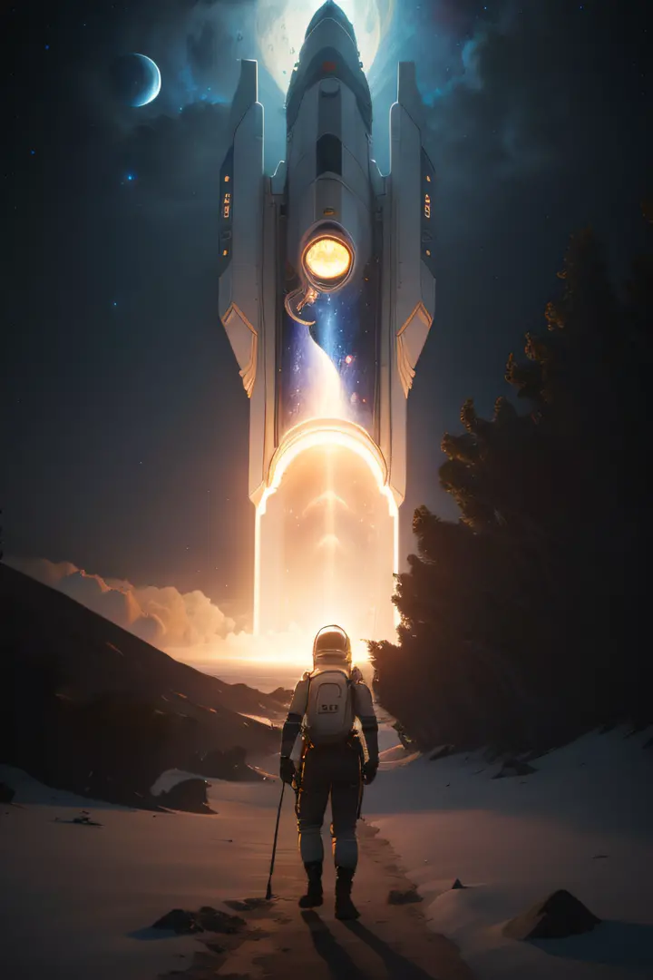 Um astronauta na caminhando na lua olhando a terra de longe