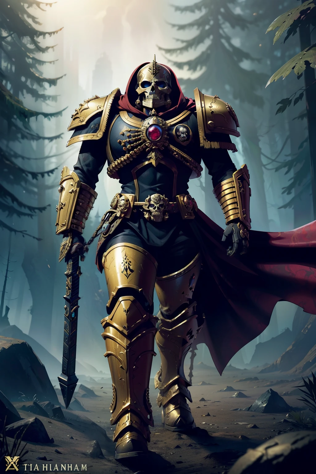 skeleton,warhammer 40k,space marine,intricate ornamented black gold ruby armor,adepta sororitas,dynamic posture,male,Temperate rainforest landscape background,volumetric cinematic lighting,highly detailed skull,realistic reflections,