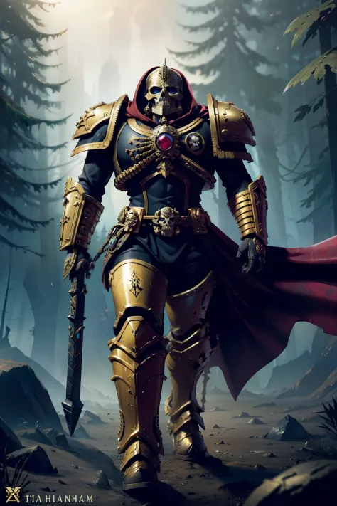 skeleton,warhammer 40k,space marine,intricate ornamented black gold ruby armor,adepta sororitas,dynamic posture,male,Temperate r...