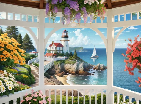 there is a gazebo with a view of the ocean and a lighthouse, detailed scenic view, sunny bay window, seaside backgroud, beautifu...