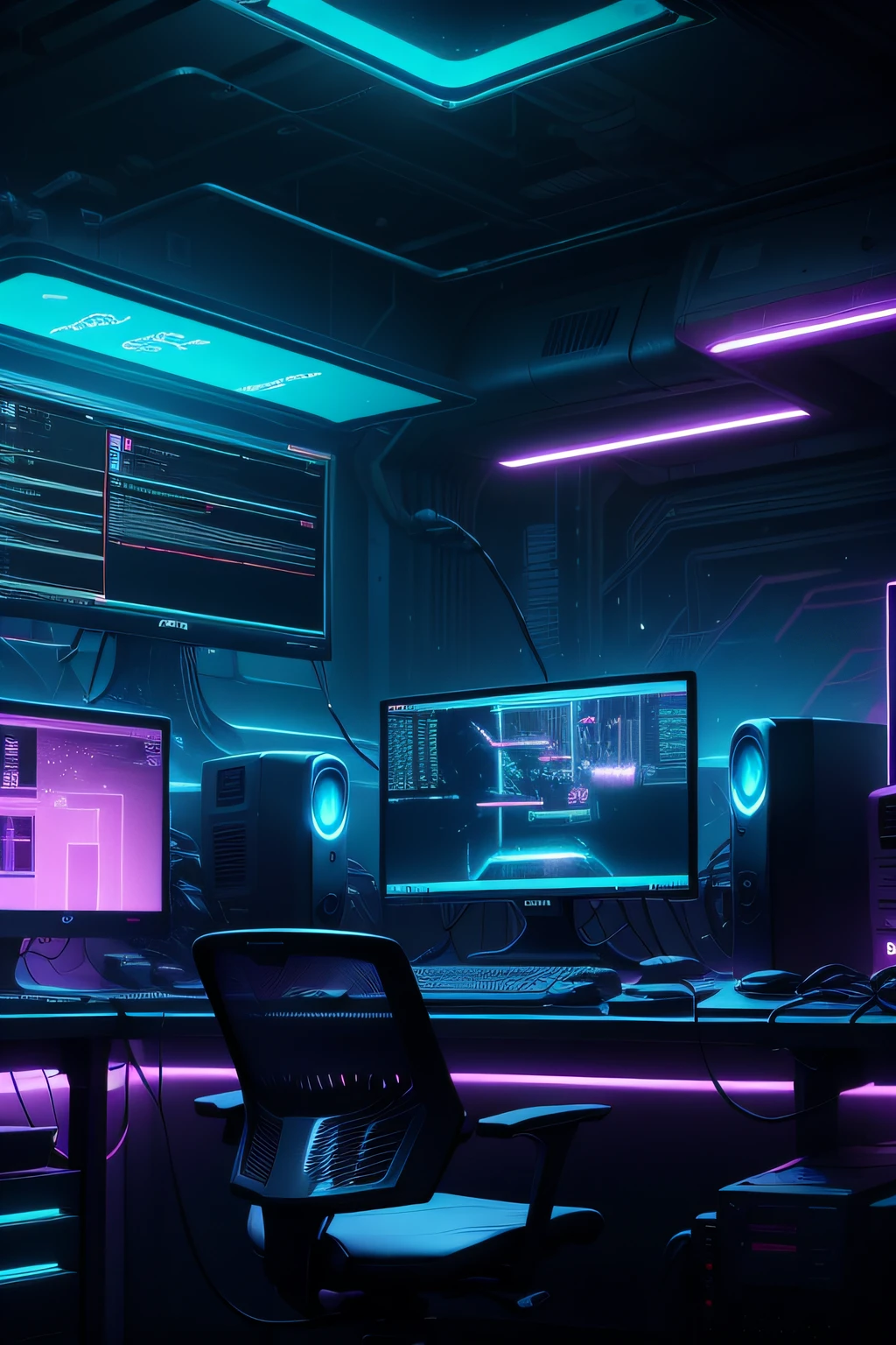 un laboratorio de computación con poca luz y con muchos monitores y un teclado, entorno ciberpunk, Configuración ciberpunk, iluminación de neón cibernético, ciberespacio, cyberpunk con luces de neón, luces de neón cibernéticas, en una habitación temática cyberpunk, ciberpunk interior, Pantalla de jugador sobre mesa de metal, estética cibernética, Estilo cibernético, computadora de ciencia ficción, fondo cibernético, instalación cibernética, consola y computadora
