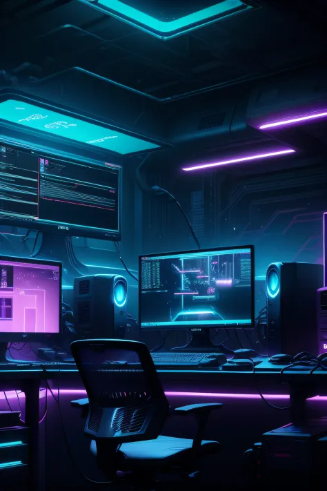 a dimly lit computer lab with lots of monitors and a keyboard, cyberpunk setting, Cyber punk configuration, cyber neon lighting, cyber space, cyberpunk with neon lighting, luzes cyber neon, in a cyberpunk themed room, interior cyberpunk, Gamer screen on metal table, cyber aesthetic, Cybernetic style, computador sci-fi, cyber background, cyber installation, console e computador