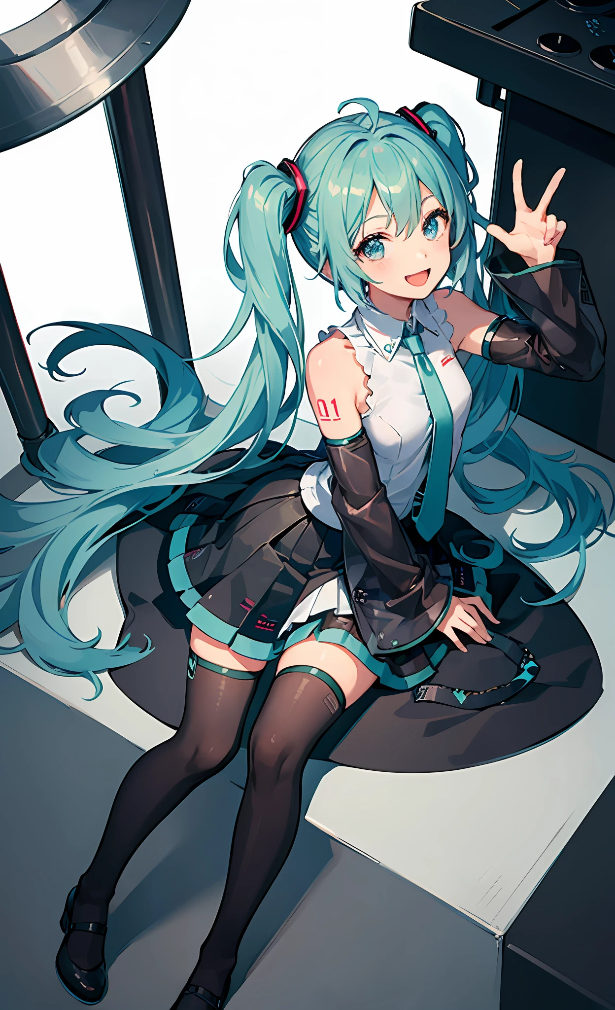 1girl, solo, loli, female child, masterpiece, beautiful hands, hatsune miku, white shirt, (black skirt:1.3), blue necktie, bare shoulders, detached sleeves, 
BREAK
:d, happy, smile, looking at viewer, ✌️, full body, (contrapost:1.5)
BREAK
stage lights,