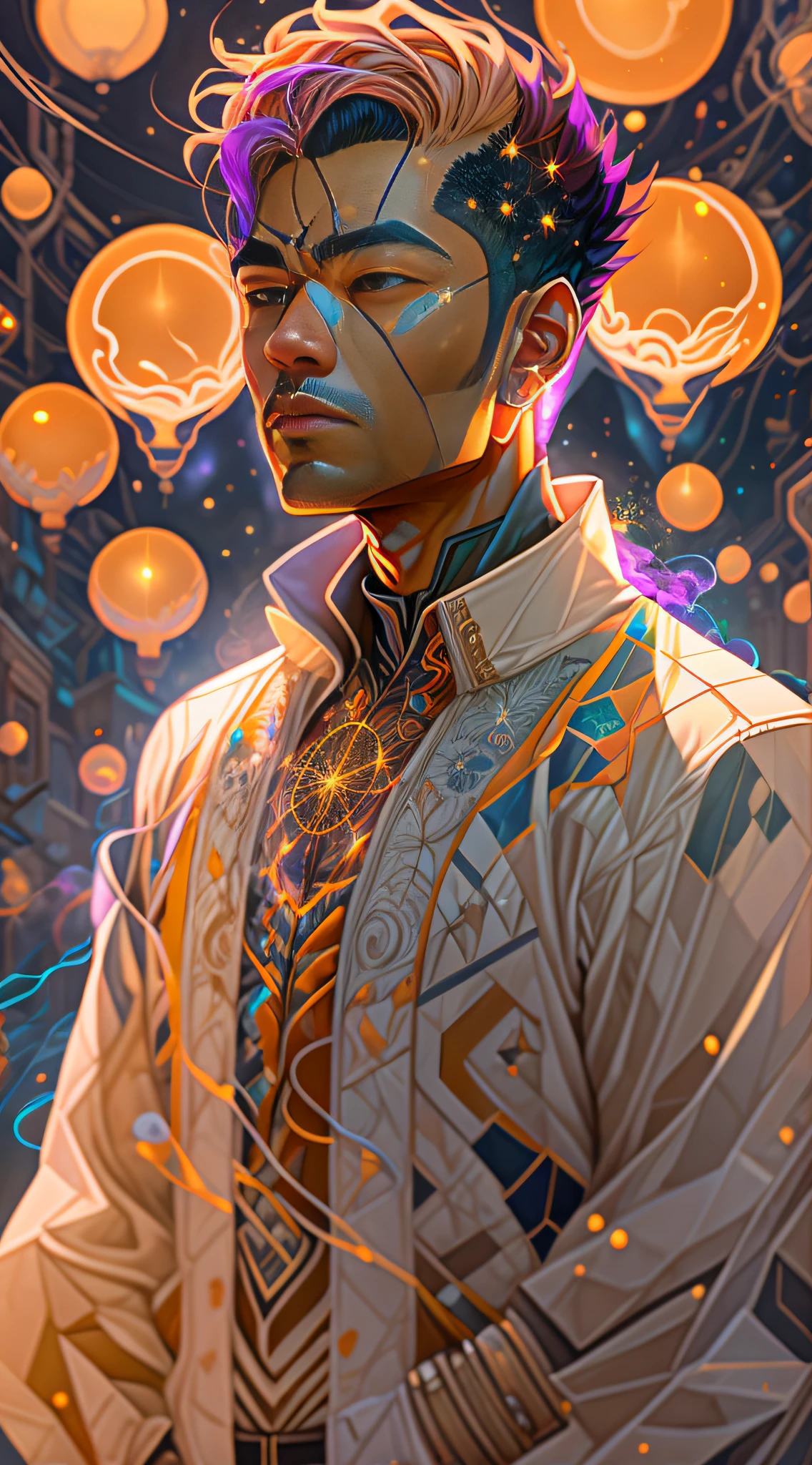 Craft an exquisite, high-resolution 4K masterpiece Draw a young caramel skin Male with bald Hair, standing on a Mysterious path floating in the middle of an alternate Dimension Leading to a Portal , turn his back on viewers , from behind , surrounded by Colorful energy Orbs glowing with fiery auras BREAK Dramatic lighting from distant SHooting stars Glistening like Diamonds illuminates the scene, casting deep shadows on the Clothing wearing streetwear Gucci Mink Designer Outfit, looking at the Portal and mysterious Contrasting colors on the other side with wonder and Awe with curiosity ,BREAK,Detailed,Realistic,4k highly detailed digital art,octane render, bioluminescent, BREAK 8K resolution concept art, realism,by Mappa studios,masterpiece,best quality,official art,illustration,ligne claire,(cool_color),perfect composition,absurdres, fantasy,focused,rule of thirds. The piece should be intricately detailed, inspired by the techniques of renowned artists such as Ryan Yee, Sachin Teng, JC Leyendecker, Jen Bartel, Beeple, and James Jean, with a particular emphasis on Sachin Teng's style. 

The artwork should reflect the aesthetic of Shin Hanga, a winner of the Behance contest, and should achieve perfect symmetry. The subject of the portrait is Bald Hair Caramel skin Male. The atmosphere should be ethereal, with smoke, white light, and strong light elements. 

Incorporate elements of surrealism into the piece, with ultra-detailed features and glowing eyes. The full-body shot should also include a close-up of the body, with Akuma holding weapons - a katana and a double dragon winding. 

The color palette should be dominated by a mesmerizing blue light, and a bracer should be part of the attire. The piece should be available in HD, Ultra HD, and 4K resolutions. Finally, to add a dramatic effect, include a thunderous backdrop to the scene, creating a surreal and captivating masterpiece.