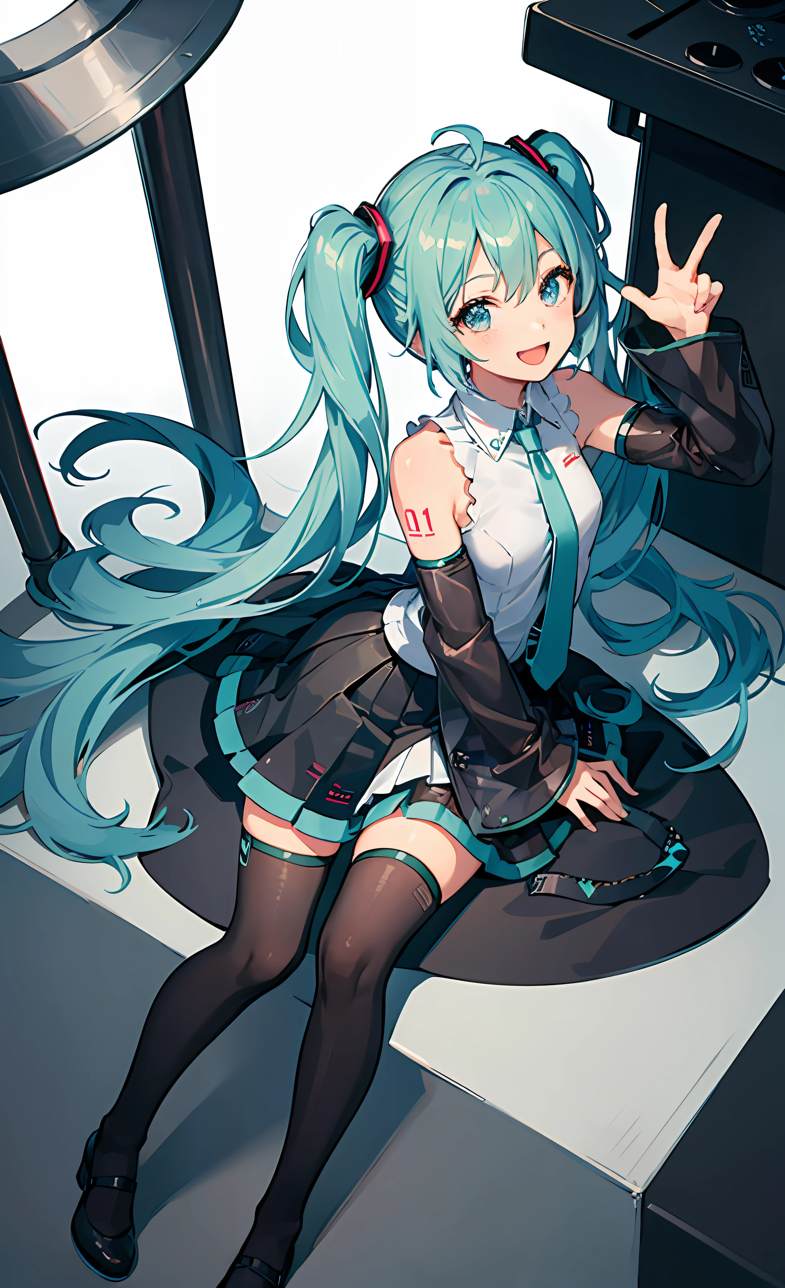 1girl, solo, loli, female child, masterpiece, beautiful hands, hatsune miku, white shirt, (black skirt:1.3), blue necktie, bare shoulders, detached sleeves, 
BREAK
:d, happy, smile, looking at viewer, ✌️, full body, (contrapost:1.5)
BREAK
stage lights,