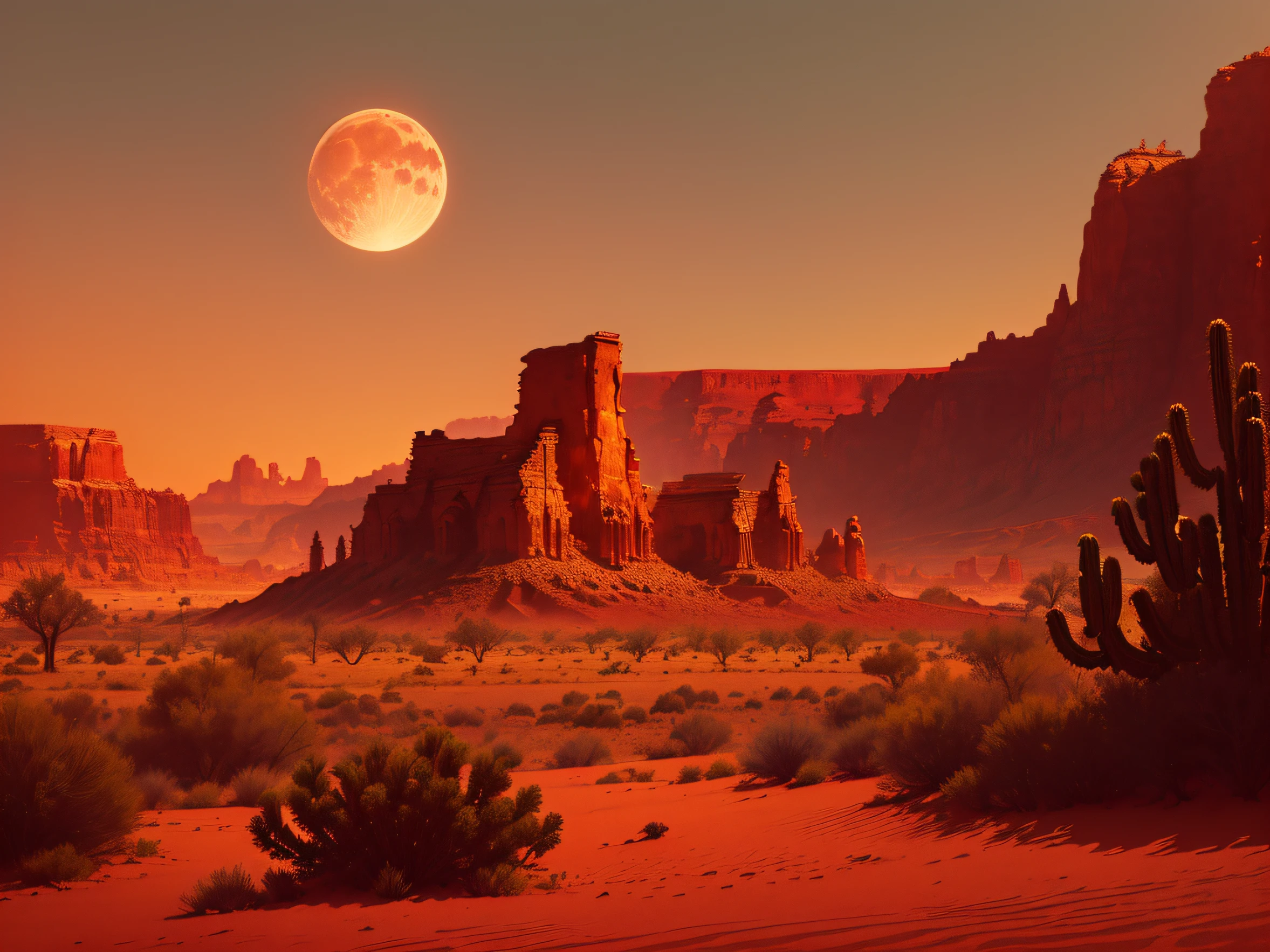 "R3DD34Dstyle masterpiece, digital painting of a wild west desert scene with an enchanting evening sky and a rising moon, featuring a captivating dual tone of red and black, highlighting the majestic presence of a single moon."