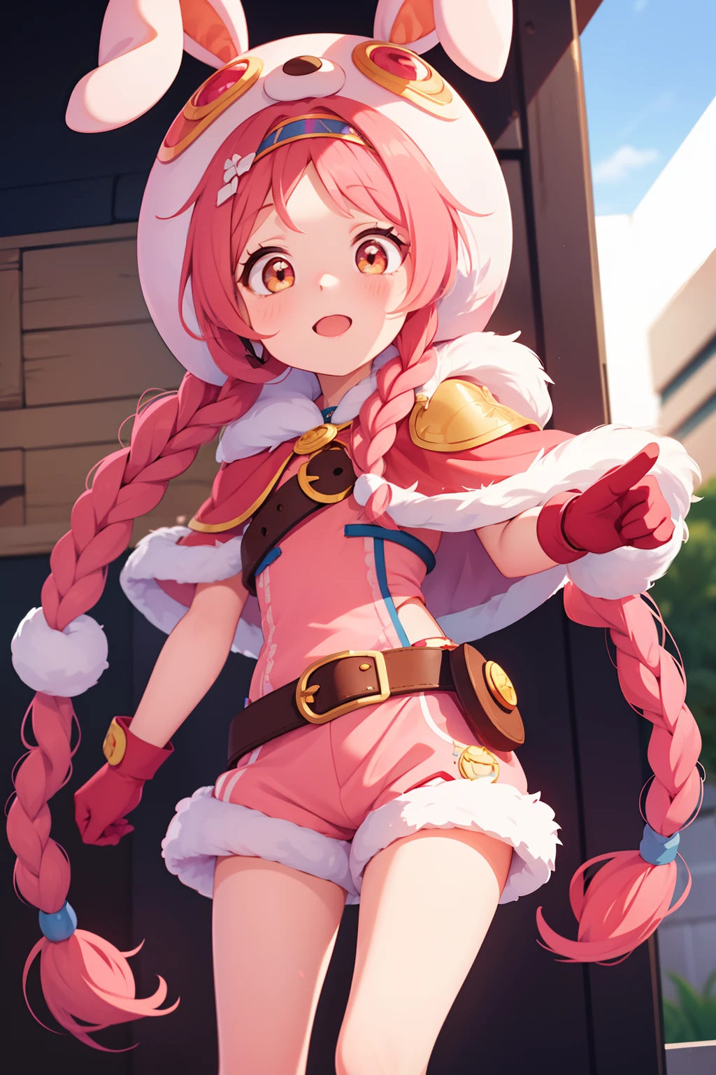 pink hair, long twin braids, , pink short sleeves, red gloves, light orange eyes, rabbit ear hood, blue shorts, belt, pink cape, cute, high quality