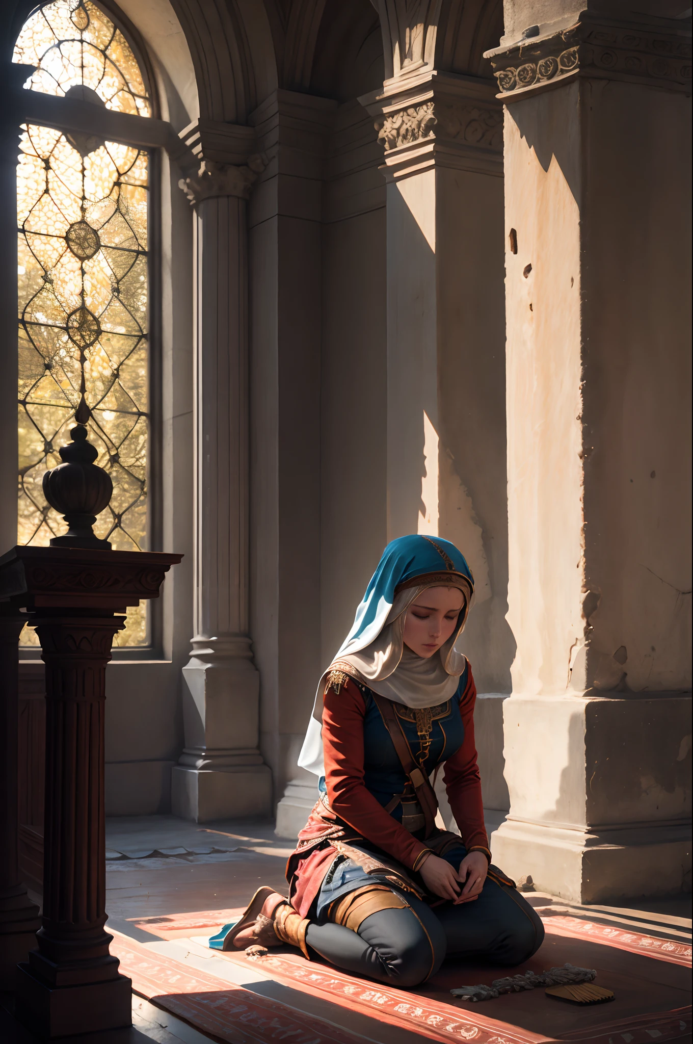 A praying female cleric kneeling in front of an altar, closed eyes, absurdes, beautiful shadow and lighting, godrays