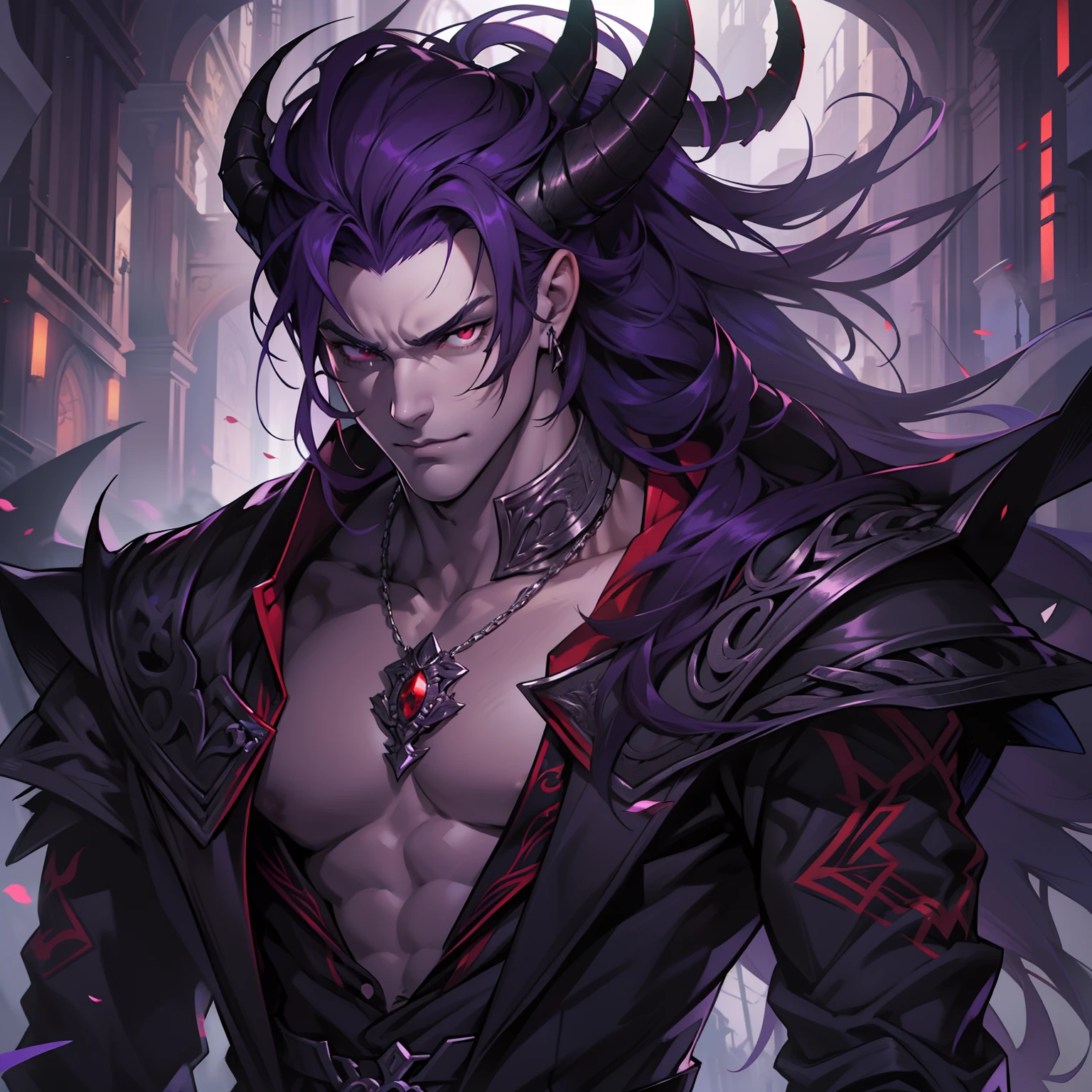 like all the demon princes, I am quite tall. I have purple hair tied ...